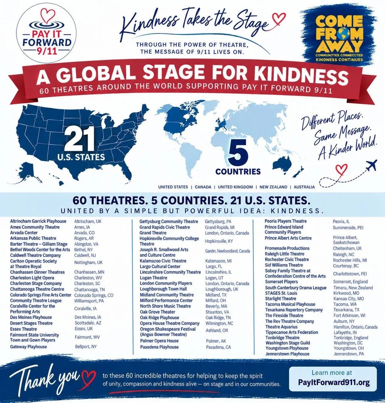 We&rsquo;re proud to be one of 60 theaters across 21 U.S. states and 5 countries coming together through the power of theatre to keep the spirit of 9/11 and the message of kindness alive.

Being part of the incredible story and legacy of COME FROM AW