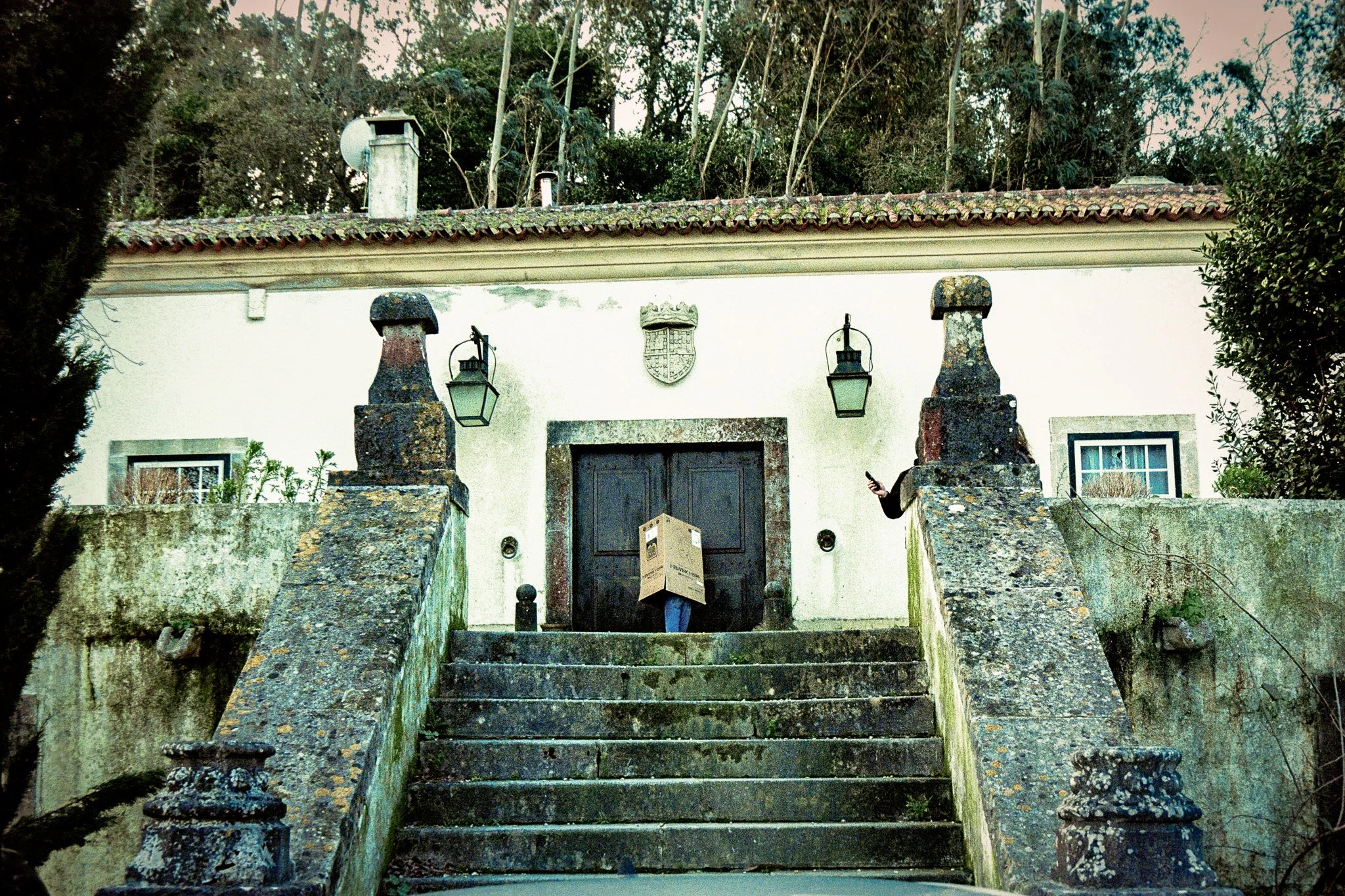 A person holding a cardboard box and wearing a black shirt is walking up outdoor stairs towards a white building with black door and lanterns; a person on the right side is partially visible, holding a phone.