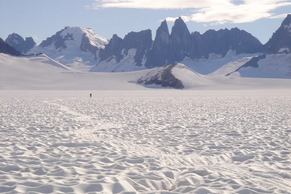 Professor Phil Druker (U. Idaho) enjoys the desolation of the Juneau Icefield, July 2005.​ Photo: M. J. Beedle