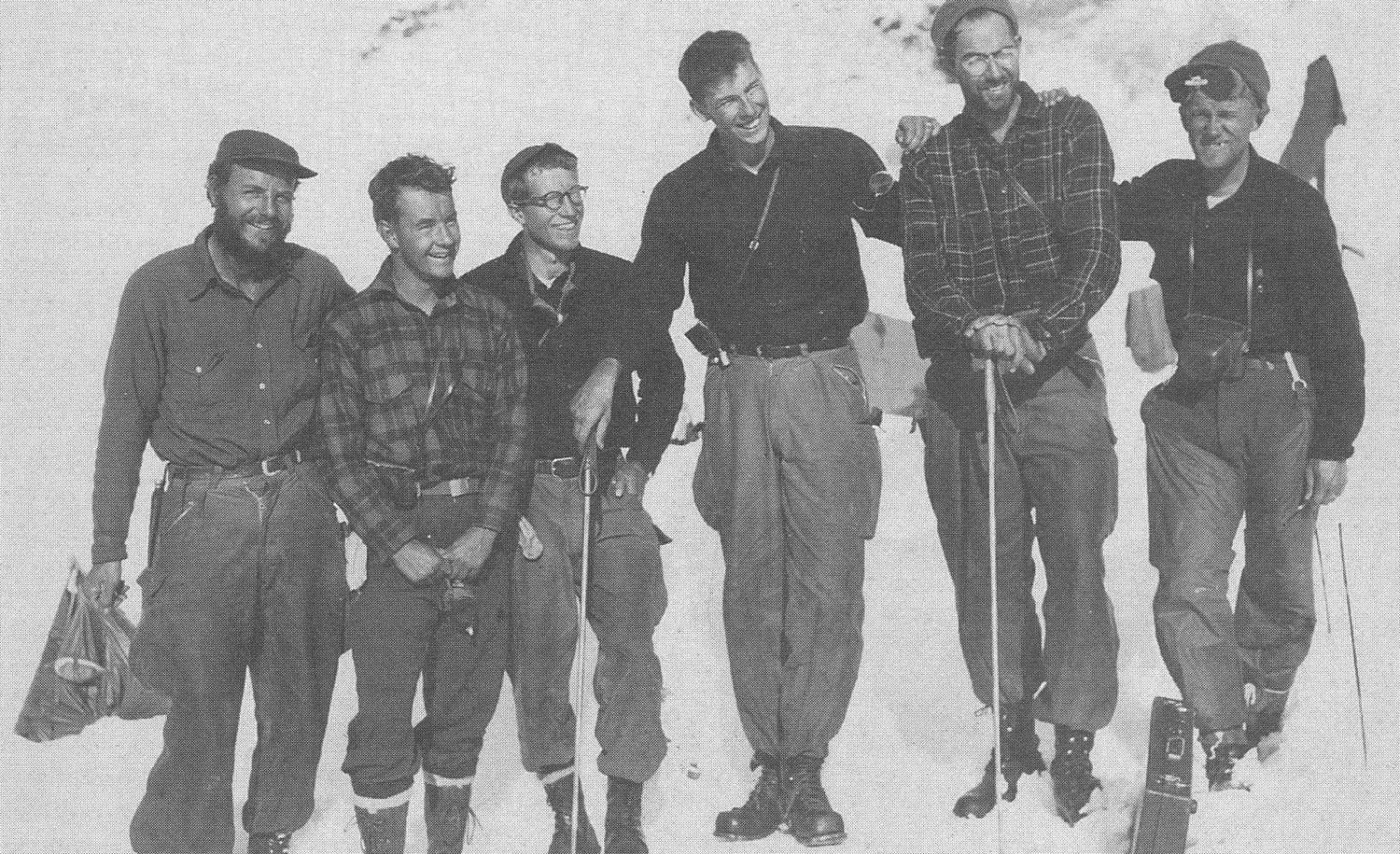 Members of the first JIRP "high ice" expedition to the Juneau Icefield in the summer of 1948. Left to right: Maynard Miller, W. Laurence Miner, Lowell Chamberlain, Melvin G. Marcus, William A. Latady and Anthony W. Thomas. Photo taken at Camp 4 on "H
