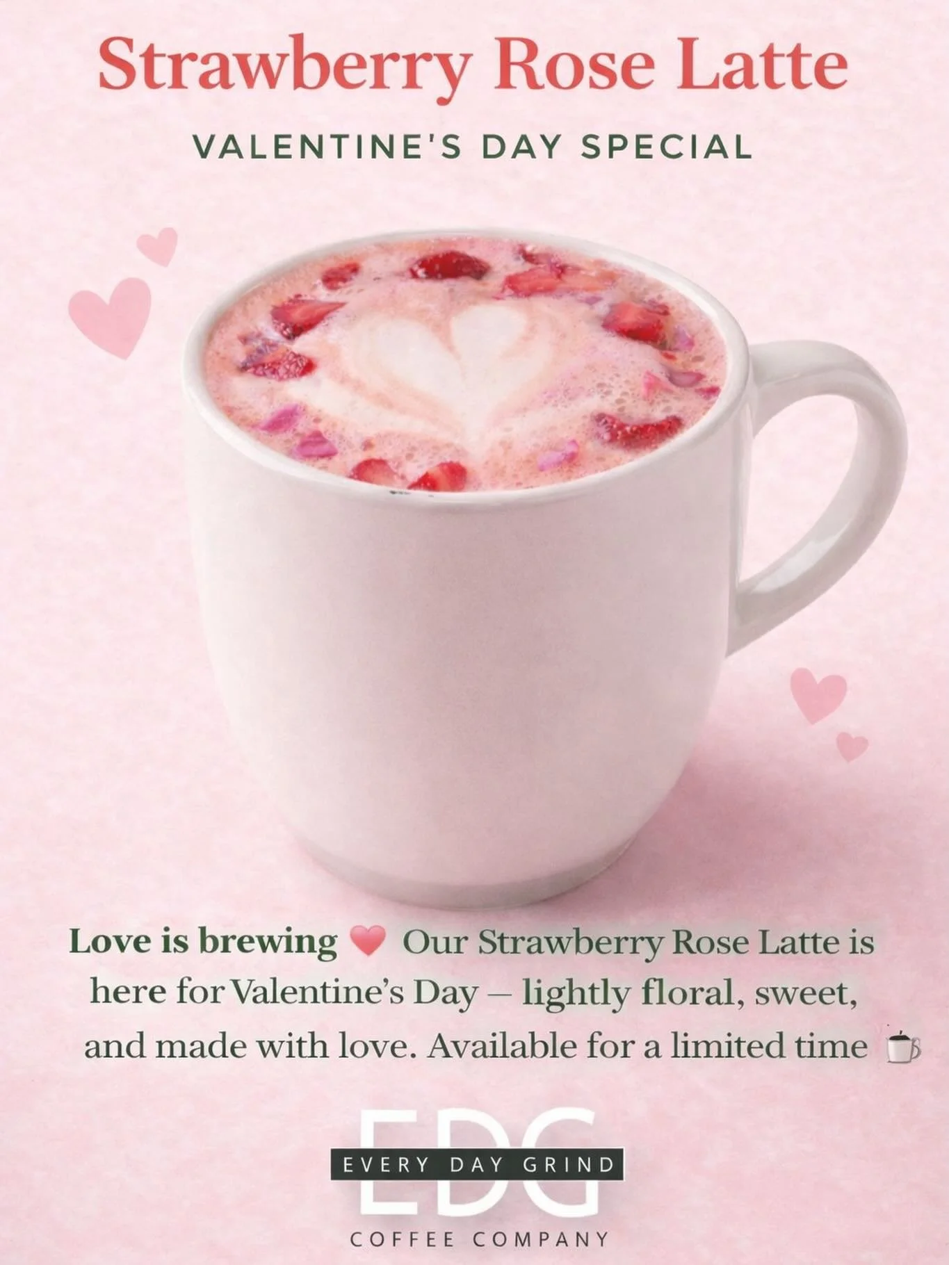 💕 ONE PROMO &bull; TWO DAYS 
🌹Galentine&rsquo;s &amp; Valentine&rsquo;s Special
$2 OFF 
Strawberry Rose Latte + Pastry

📆 Feb 13-14
Available all day &bull; Limited time while supplies last