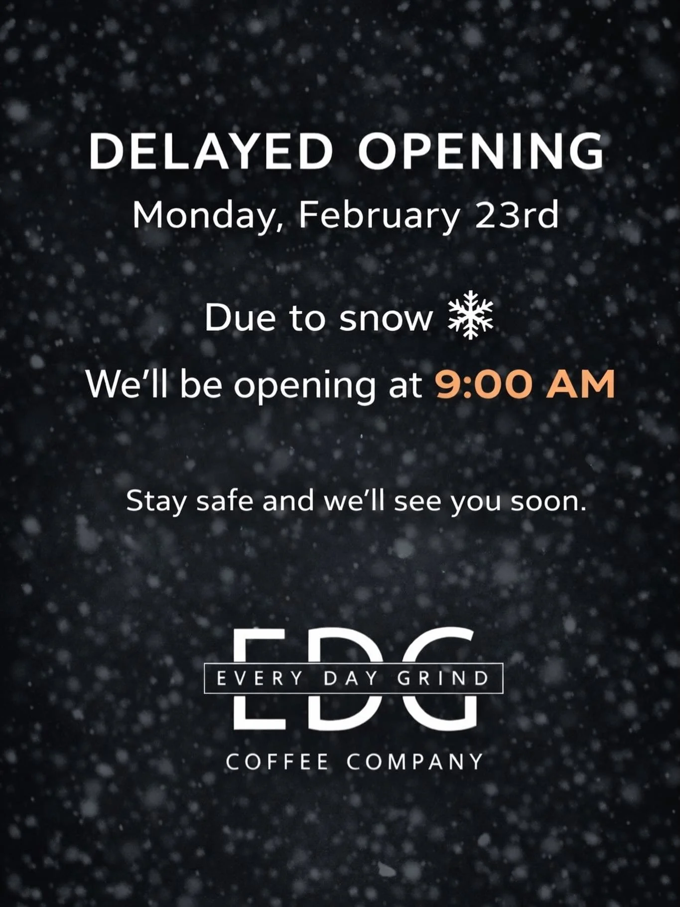 Snowy start to the day ❄️
We&rsquo;ll be opening a little later tomorrow at 9:00 AM.

Take your time, stay safe, and we&rsquo;ll have the coffee ready when you get here ☕️

#EveryDayGrind #EDGcoffee #BloomfieldNJ #StaySafe
