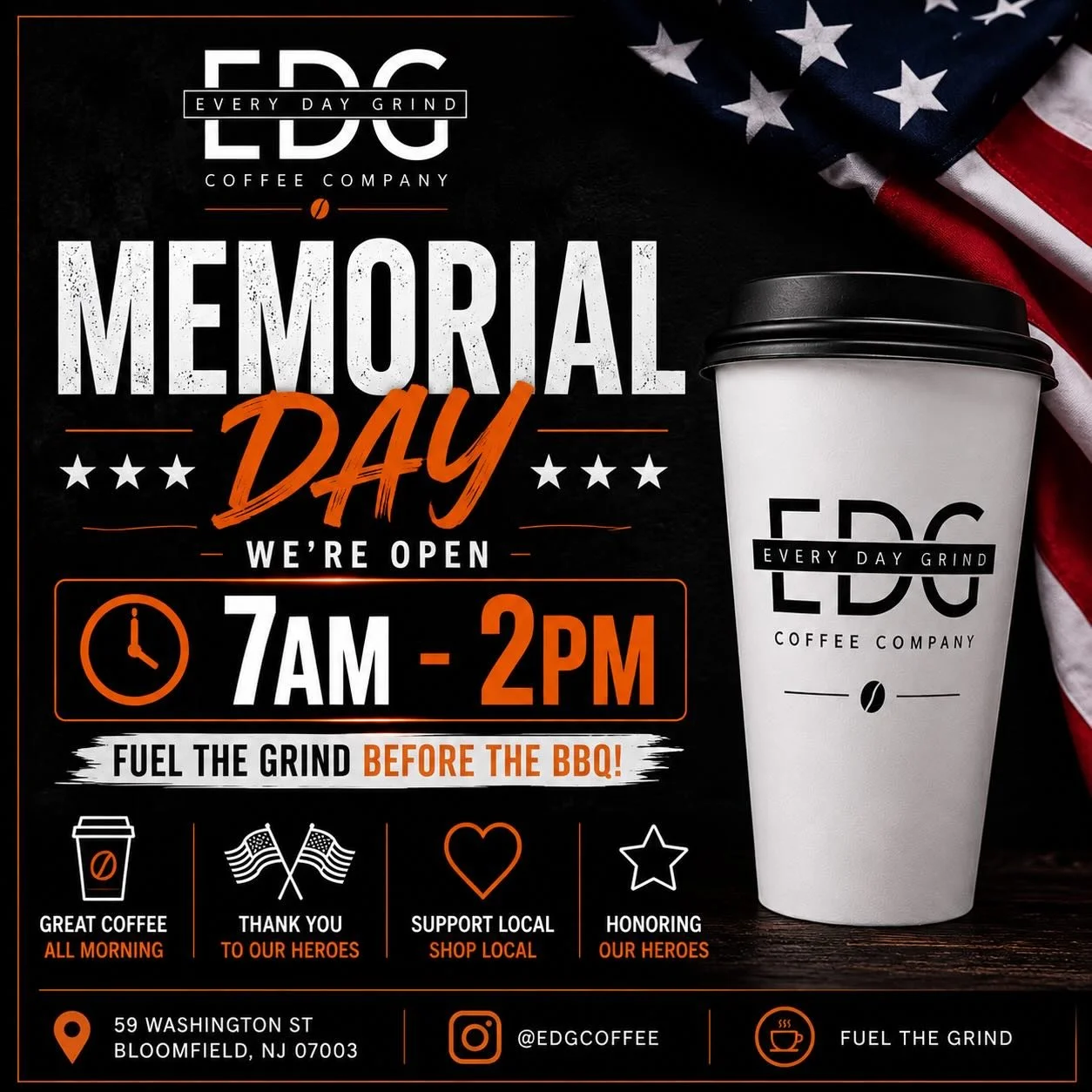 This Memorial Day, we honor and remember those who made the ultimate sacrifice 🇺🇸

We&rsquo;ll be open from 7AM&ndash;2PM tomorrow for your morning coffee runs before the day&rsquo;s celebrations. Whether you&rsquo;re heading to a parade, BBQ, or s