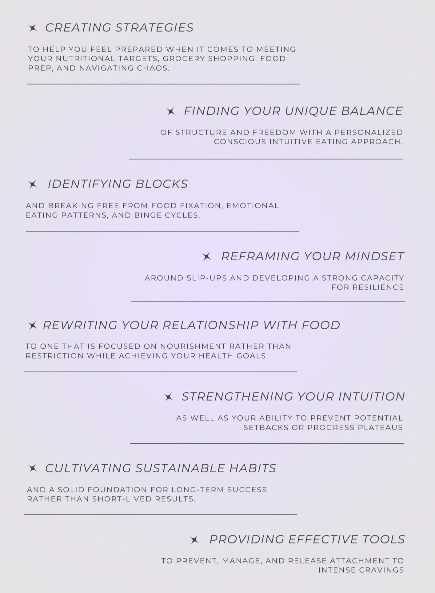Infographic listing Envision Your Truth's strategies for conscious intuitive eating, including finding balance, identifying blocks, reframing mindset, rewriting relationship with food, strengthening intuition, cultivating habits, & providing tools.