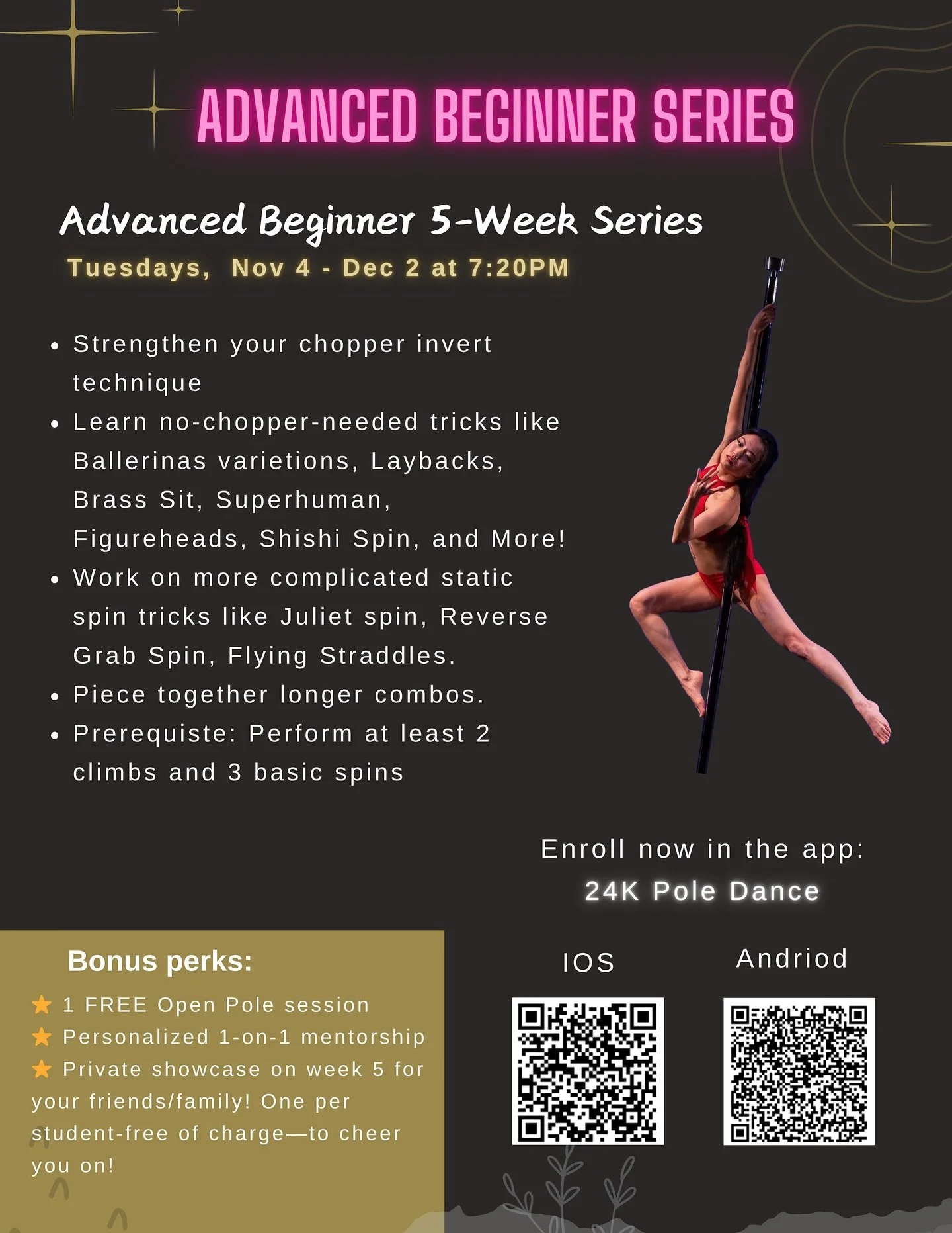 New 5-Week Advanced Beginner Series with @hsingyi.aerial 💪
📅 Tuesdays @ 7:20 PM &mdash; Nov 4, 11, 18, 25 &amp; Dec 2

In this 5-week series, you will:
✔️Strengthen your chopper invert technique
✔️Learn no-chopper-needed tricks like Ballerinas vari