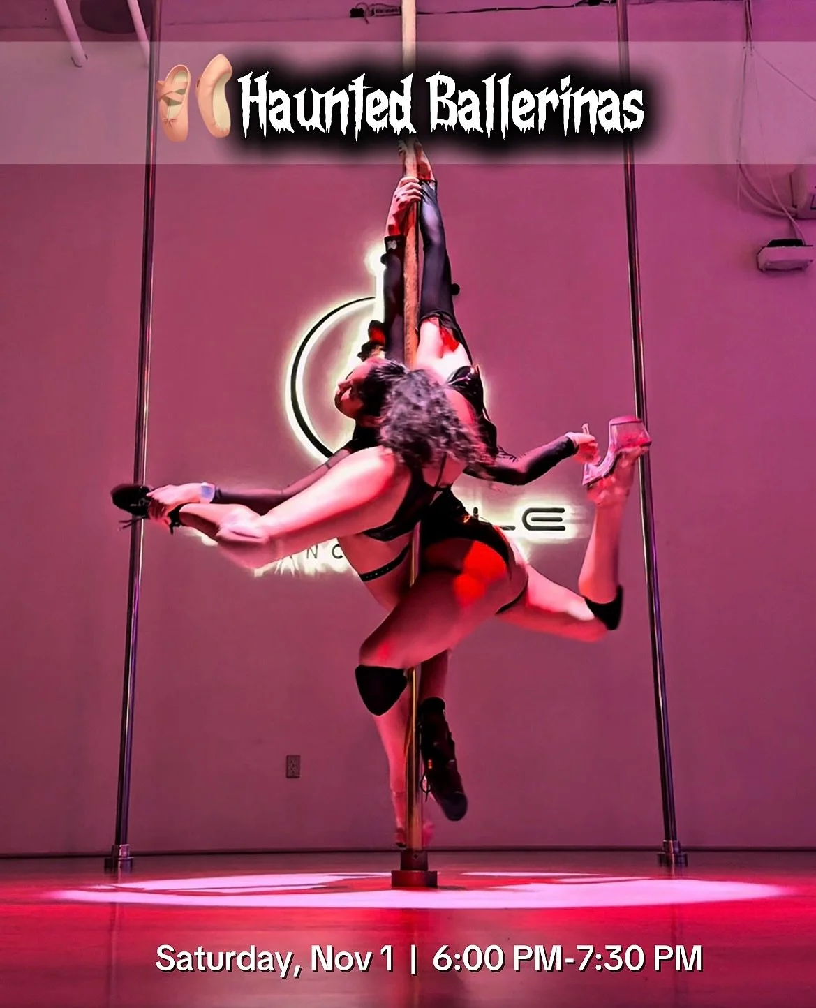 π©° Haunted Ballerinas Duo Spin Workshop π»
A Halloween-themed pole night where elegance meets dark seduction.
You’ll learn graceful ballerina duo spins + sultry duo floorwork — perfect for you and your pole bestie π
ποΈ Saturday, Nov 1
