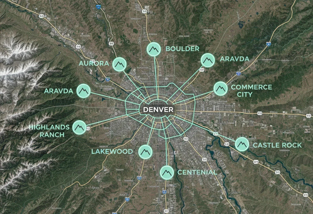 Map showing Denver, Colorado and surrounding neighborhoods and suburbs including Aurora, Boulder, Arvada, Commerce City, Castle Rock, Centennial, Lakewood, Highlands Ranch, and Aurora.