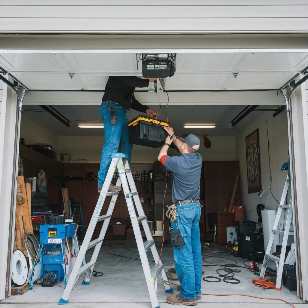 Two men working together on electrical or garage door repair inside a garage. One is on a ladder working on the ceiling, and the other is on the ground handing tools.