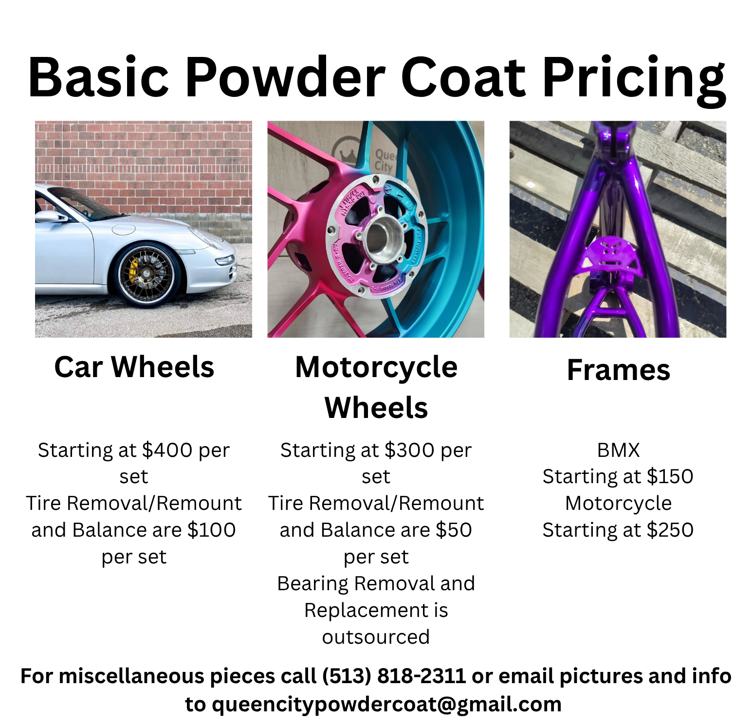 Advertisement for powder coating services displaying images of a car, motorcycle wheels, and bike frames with pricing and contact information.