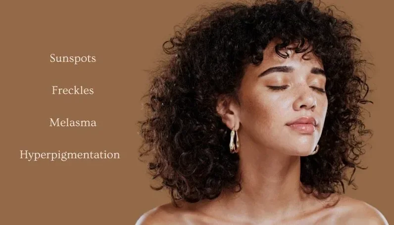 Woman with curly hair and closed eyes next to text listing treatable skin concerns: sunspots, freckles, melasma, and hyperpigmentation