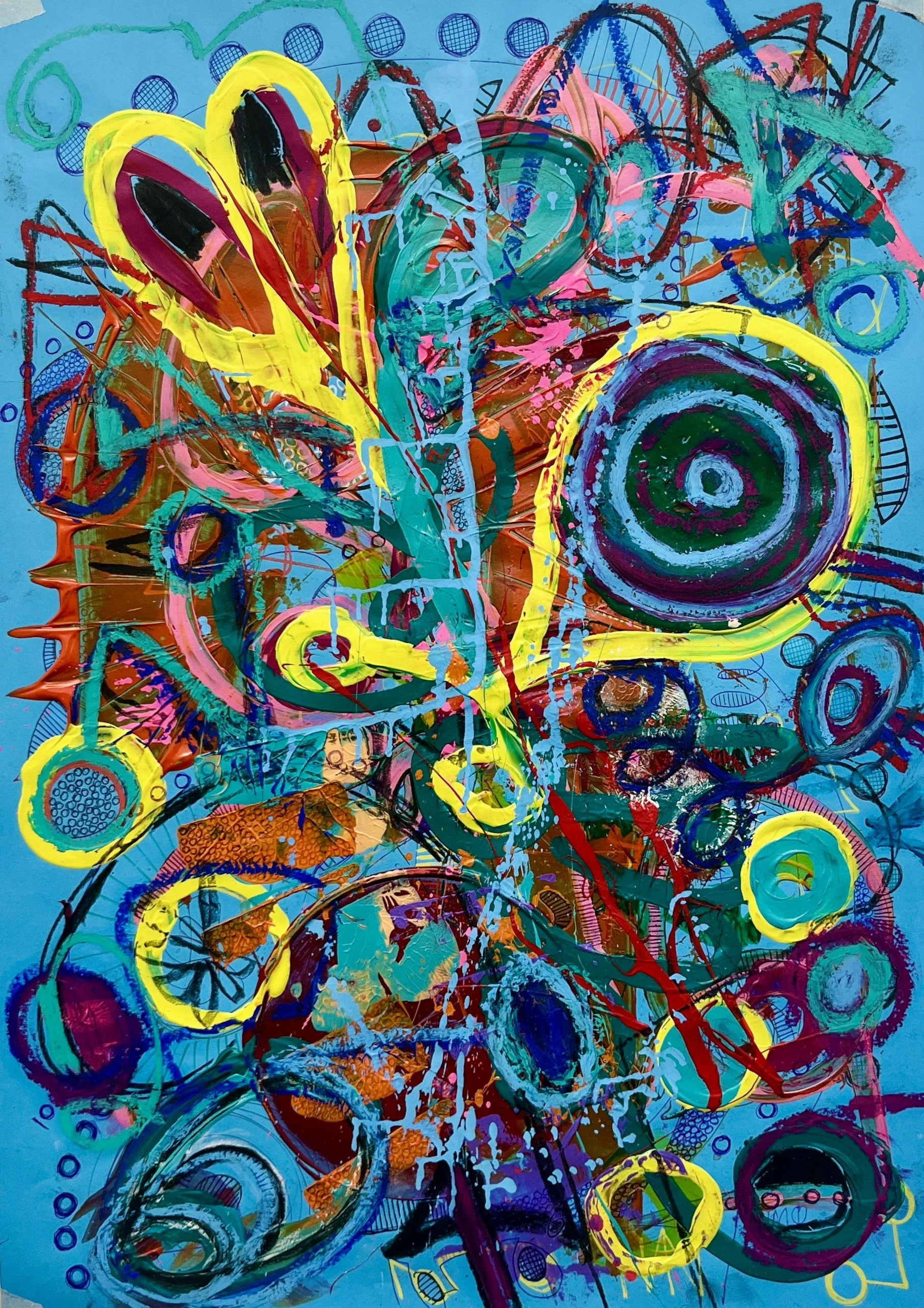 Star Ship - 2025 [acrylic, oil pastels, markers, biro on paper - 29.7 x 42cm] - 480