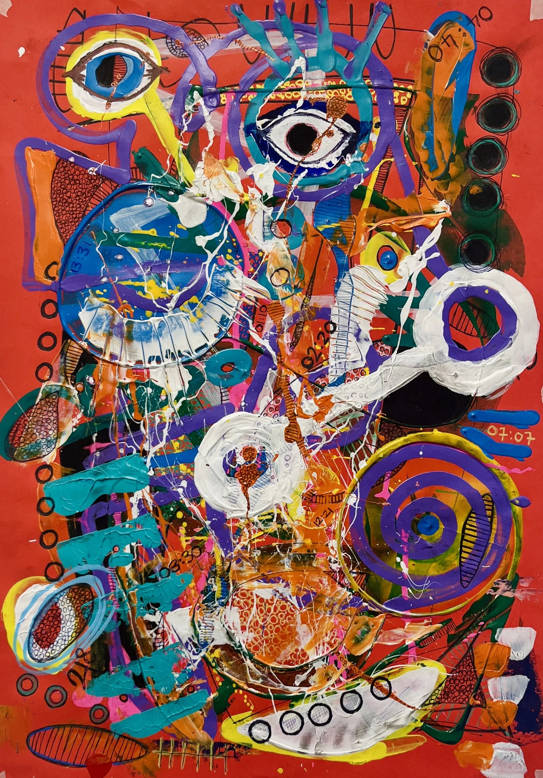 Alone - 2025 [acrylic, oil pastels, markers, biro on paper - 29.7 x 42cm] - 480