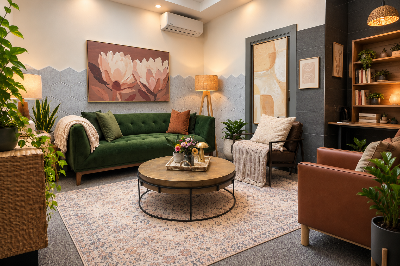 Keir Mathews’ counselling room in Pascoe Vale, with a green sofa and armchairs