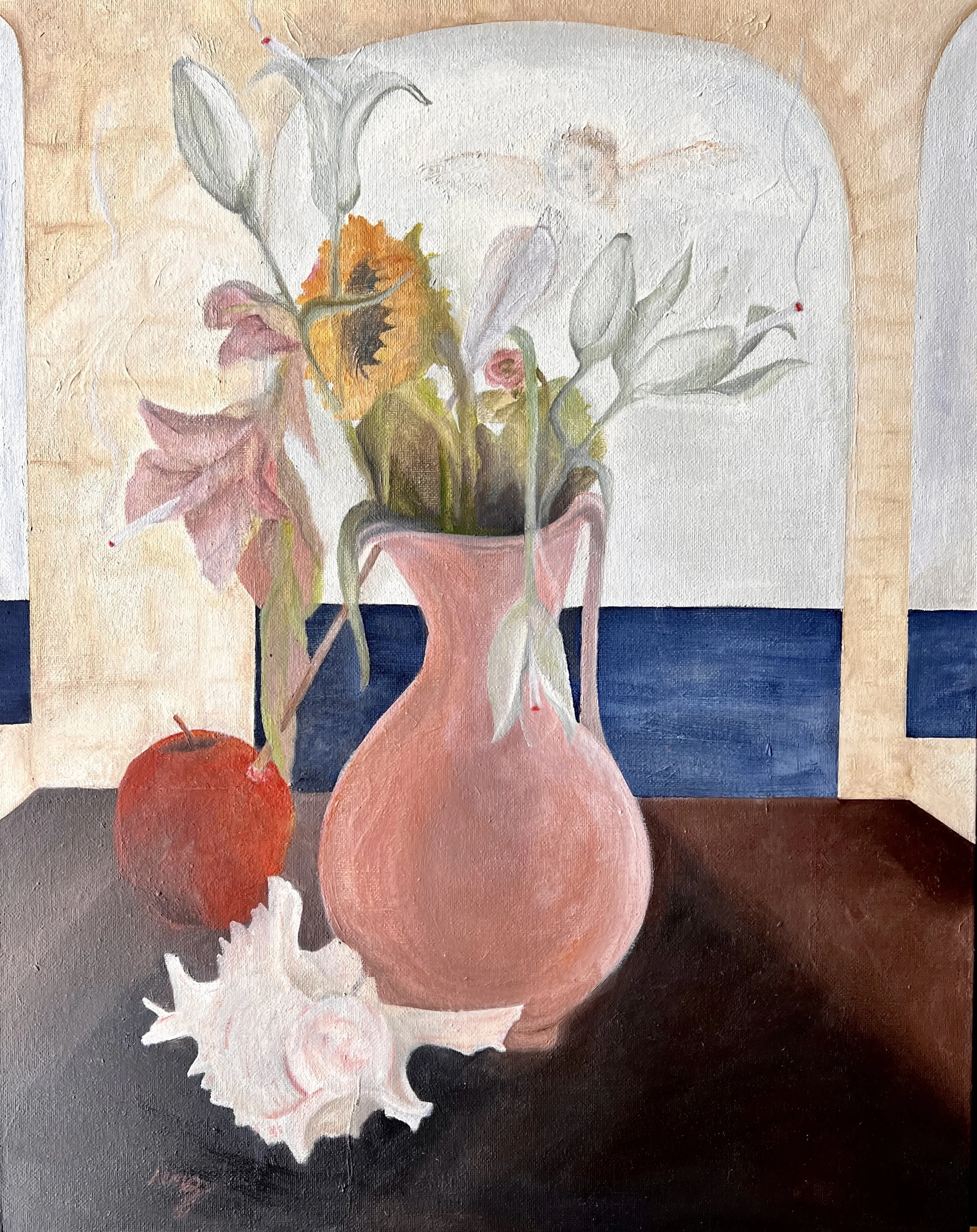 a cherubs bow, apple and shell still life