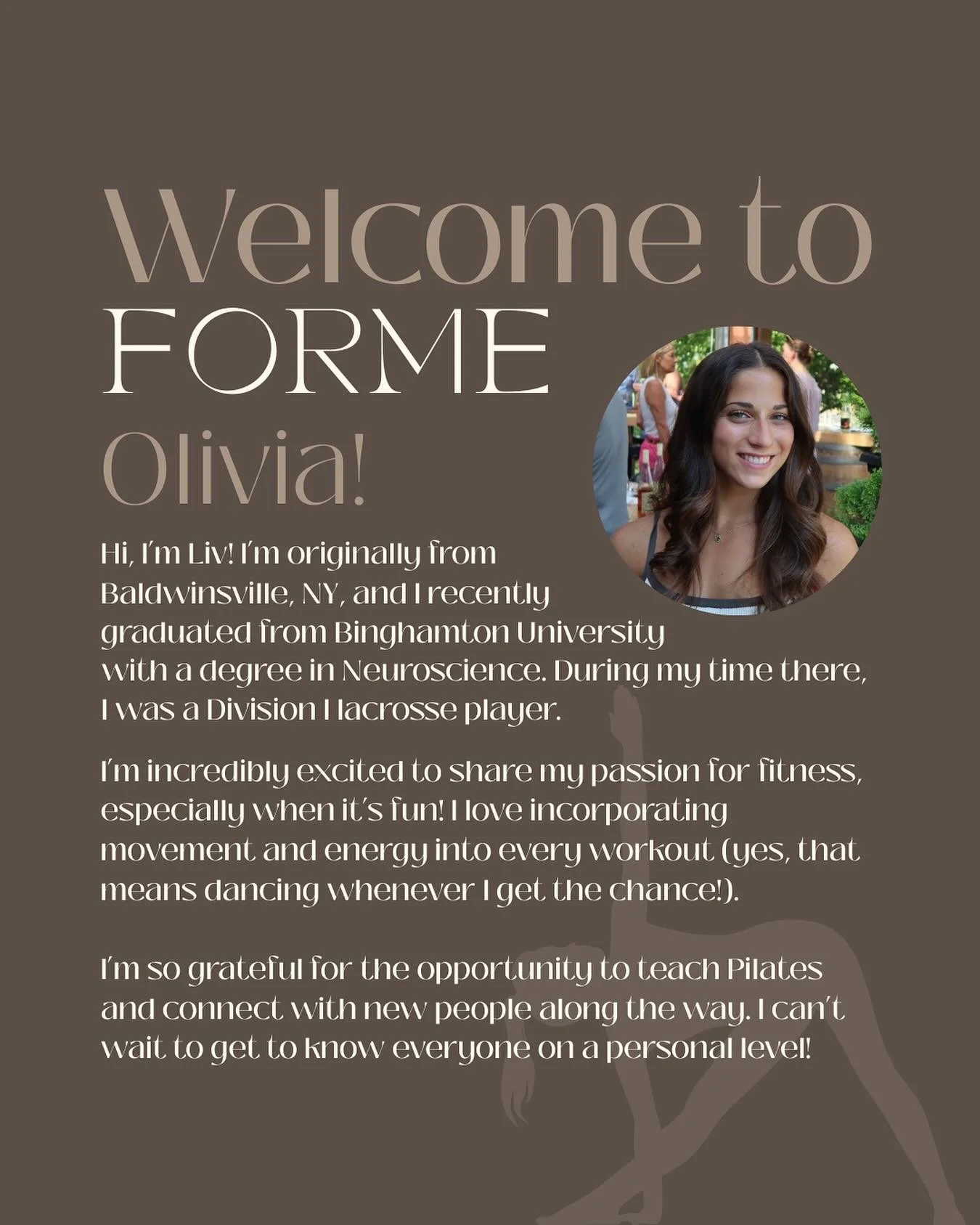 We are so excited for you, Liv!

She will be teaching Mat Pilates on Tuesdays at 6am, Thursdays at 6pm &amp; taking over Fridays at 8am! 🙌🏻