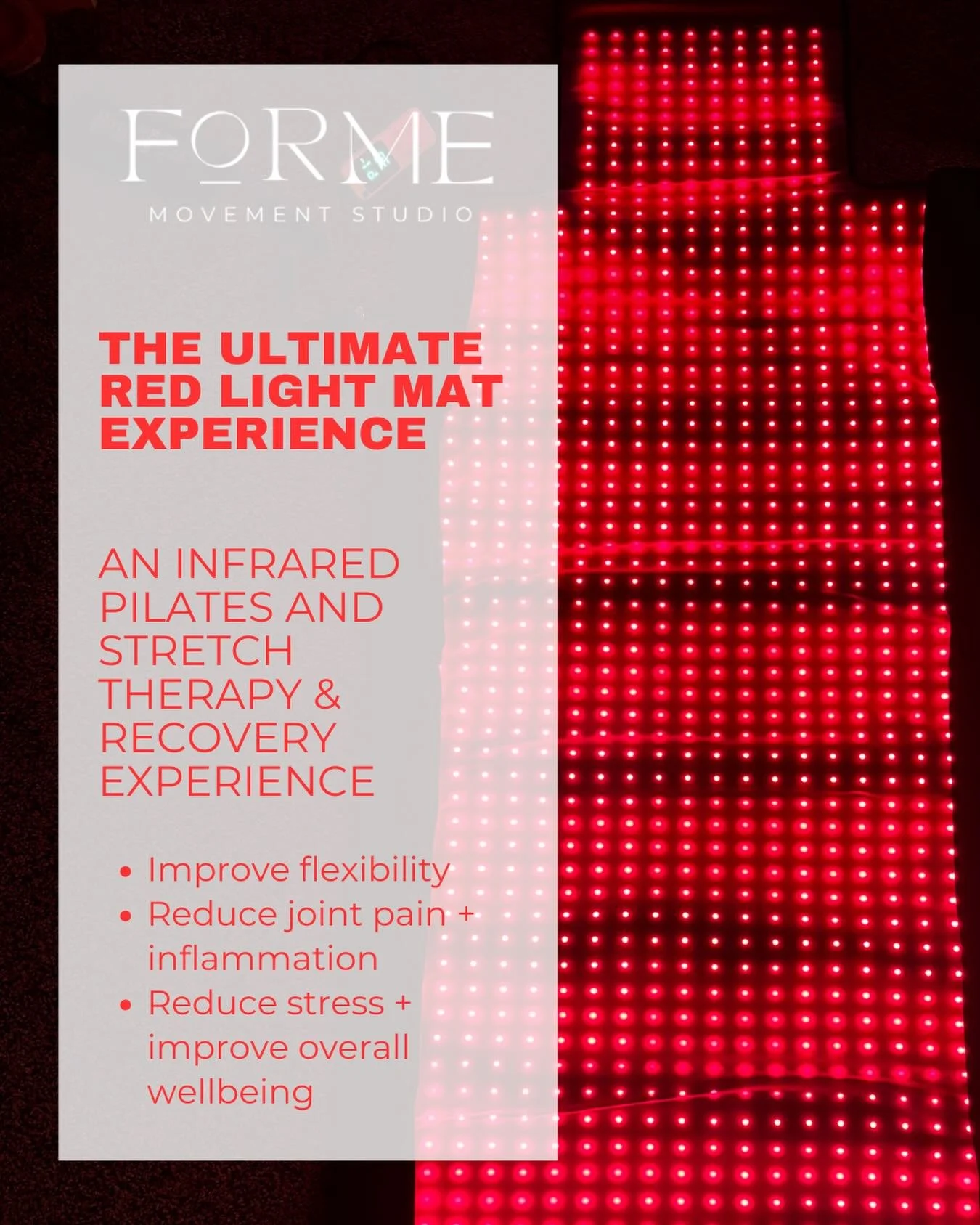 ✨ Coming January 2026 ✨

Red Light Therapy Mat Pilates is officially launching at FORME. 

Grounded movement meets science-backed recovery.
Starting January 2026, experience Red Light Therapy Mat Pilates at FORME - a gentle, warm, low-impact session 
