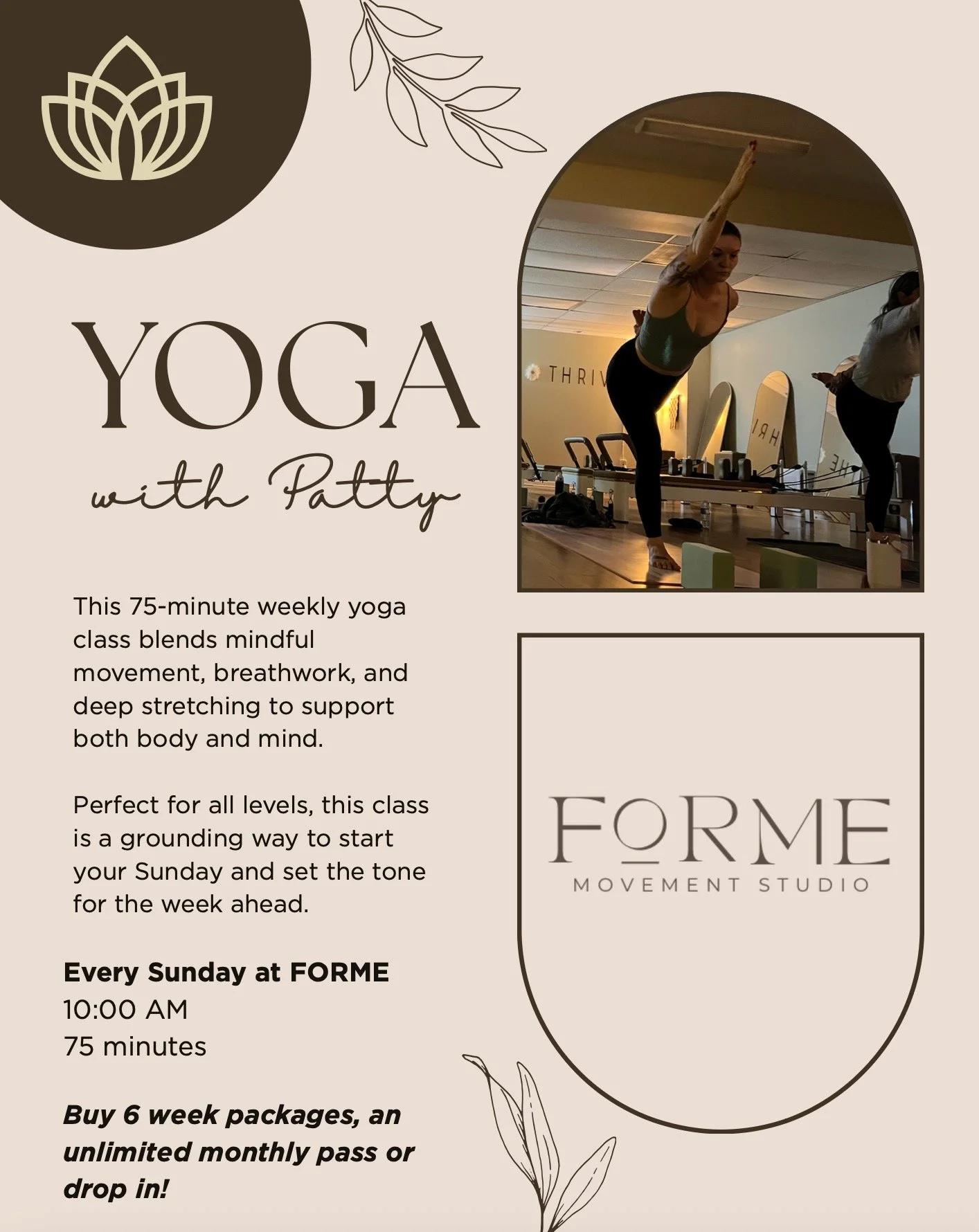 You asked, we answered ✨ Sunday Yoga is here! Join Patty every Sunday at 10am for a 75-minute flow designed to reset your week. Purchase 6 week packages, unlimited monthly plans, or drop in!