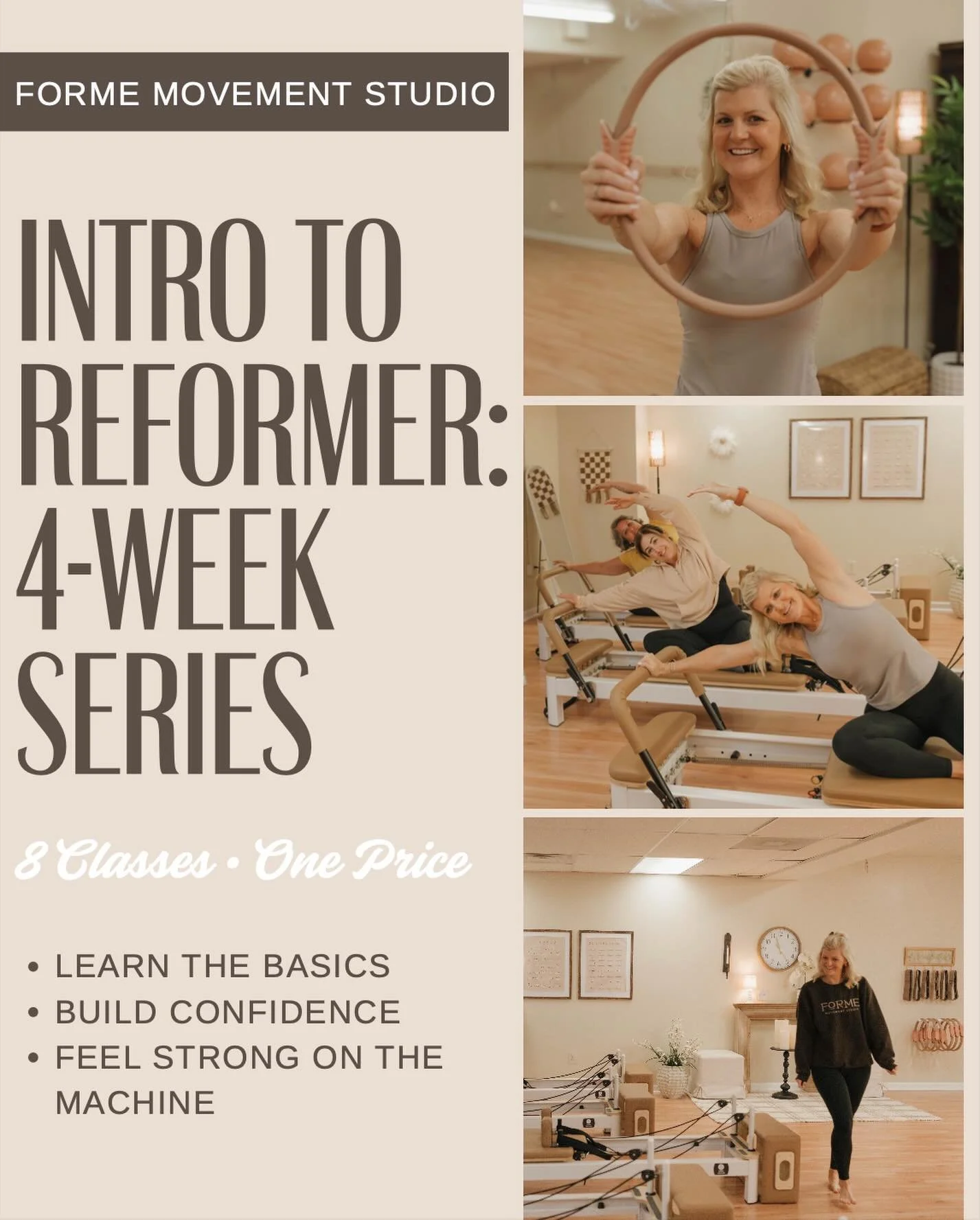 Reformer-curious but not quite ready to jump into regular classes? This is for you! 

Our 4-Week Intro to Reformer Series is designed to teach you the fundamentals so you feel confident, capable, and comfortable on the machine.

✔️ 8 classes in 4 wee
