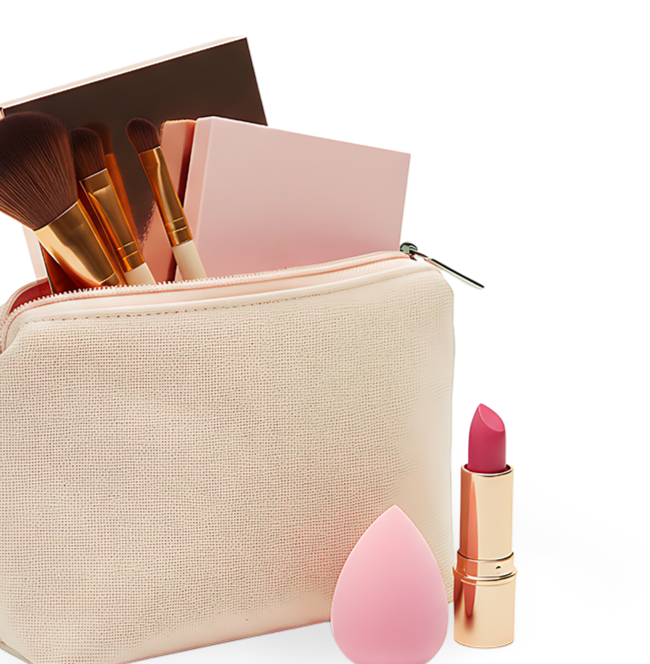 Makeup bag containing brushes and makeup sponges, with lipstick and a makeup sponge placed outside.