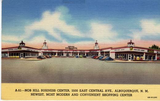 A vintage illustration of Nob Hill Business Center in Albuquerque, New Mexico, showing a shopping center with stores, parking lot, and a sign with the address.