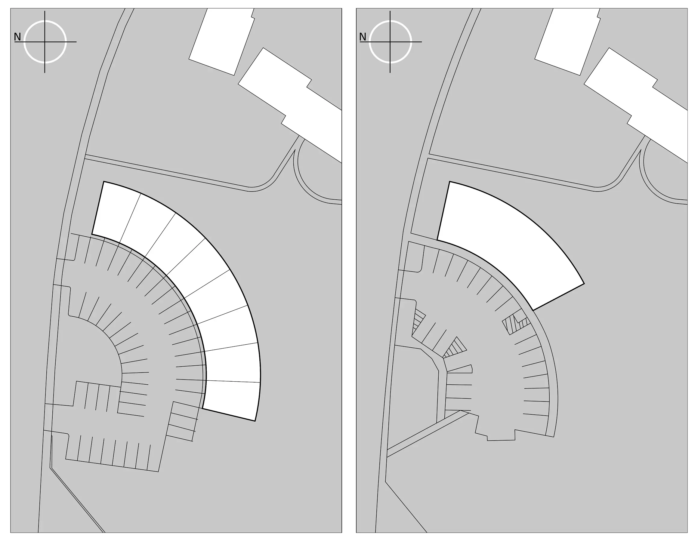 Comparison of architectural site plan drawings for a curved building layout, showing differences in design details and layout on two separate diagrams.