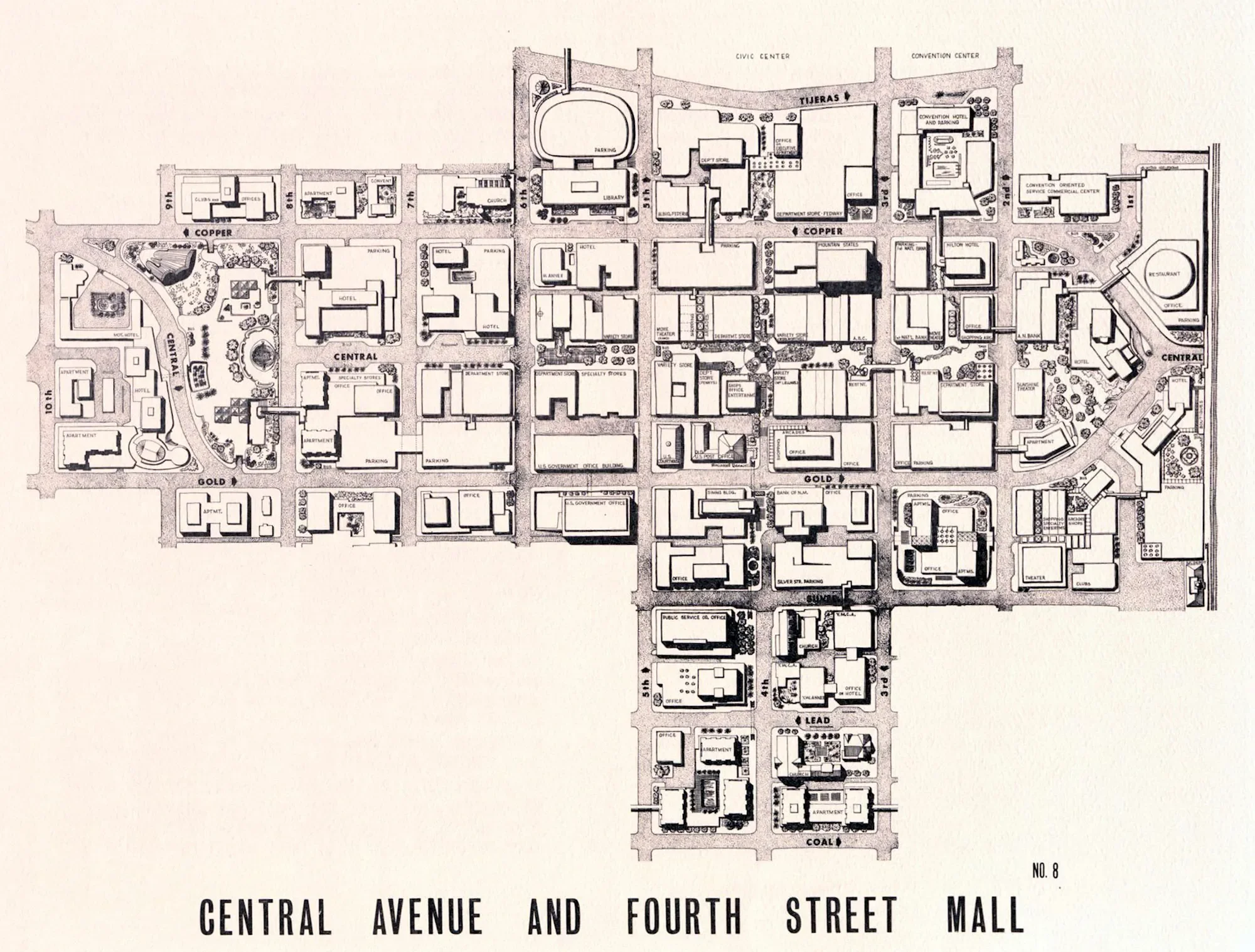 Black and white map of a downtown area showing streets, buildings, parks, and landmarks labeled with street names such as Copper, Central, Gold, Lead, and Coal.