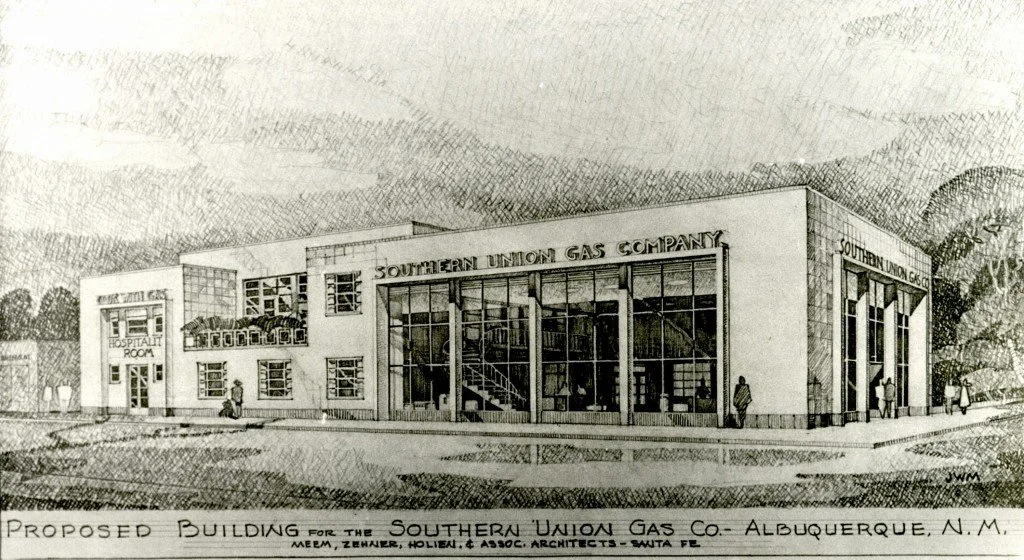 Sketch of a proposed modern commercial building labeled 'Southern Union Gas Company' in Albuquerque, New Mexico, with large glass storefront, multiple entry points, and a second-floor balcony with plants.
