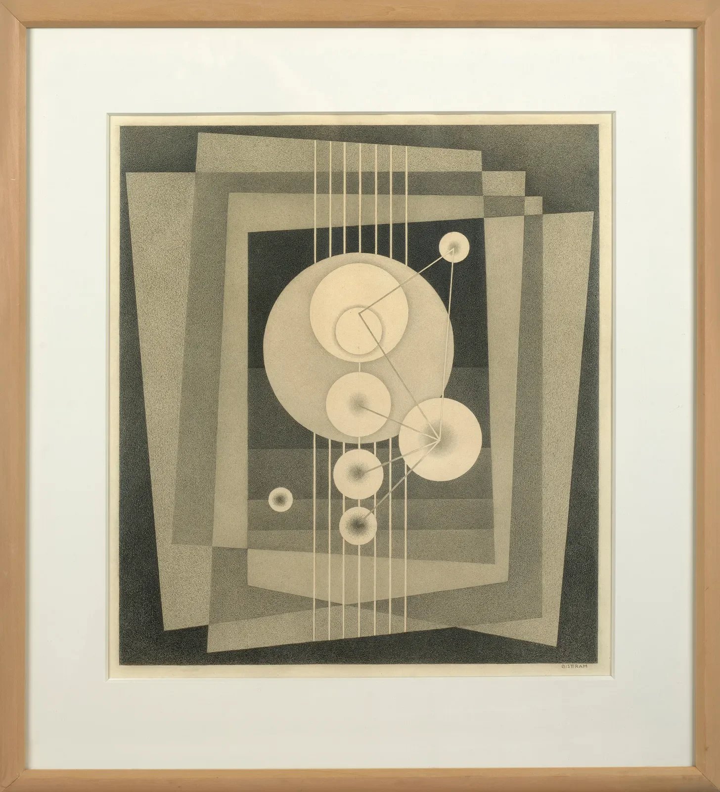 A framed abstract geometric artwork with overlapping rectangular shapes and circular elements connected by lines, in shades of gray, black, and white.