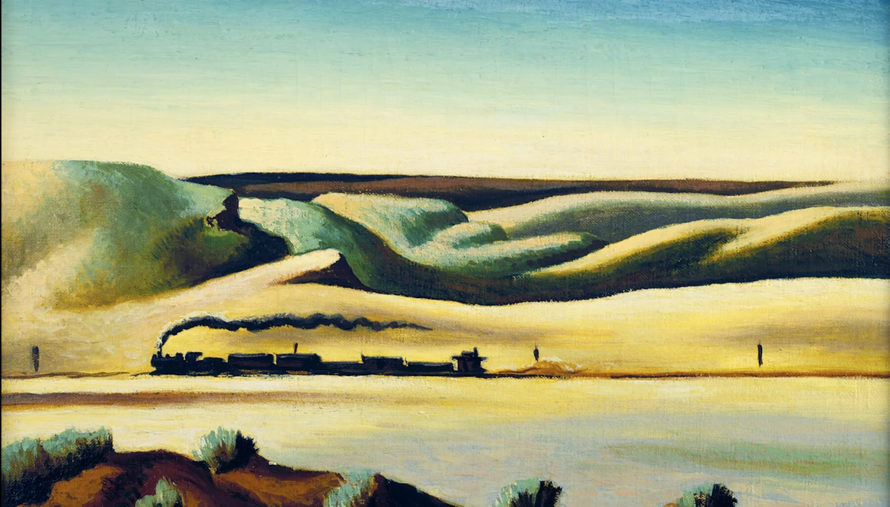 A painting of a steam train traveling through a landscape with rolling green hills and a body of water in the foreground, under a blue sky.