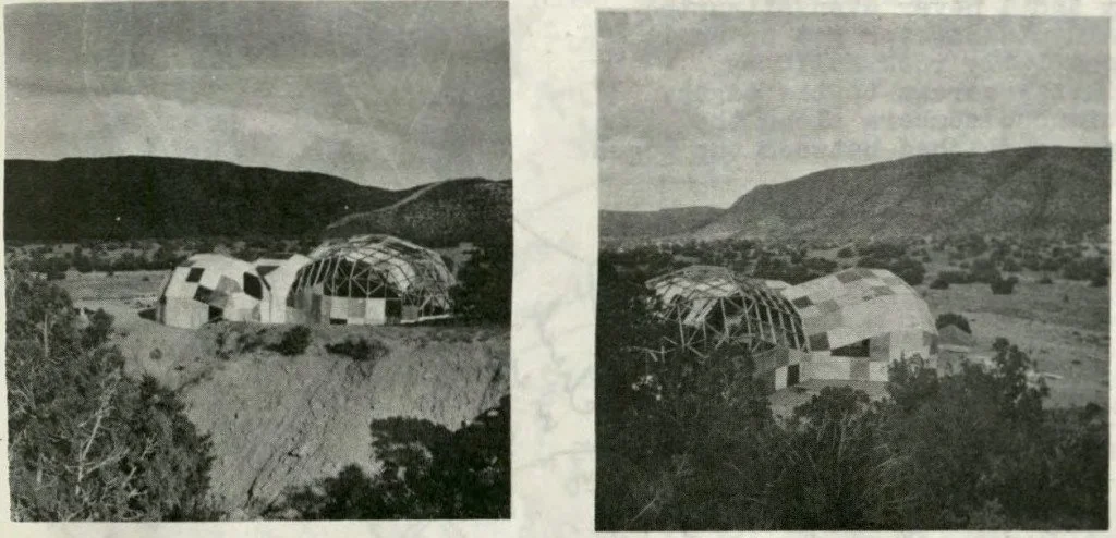 Two black and white photos showing a geodesic dome structure under construction in a hillside landscape with hills and sparse vegetation.