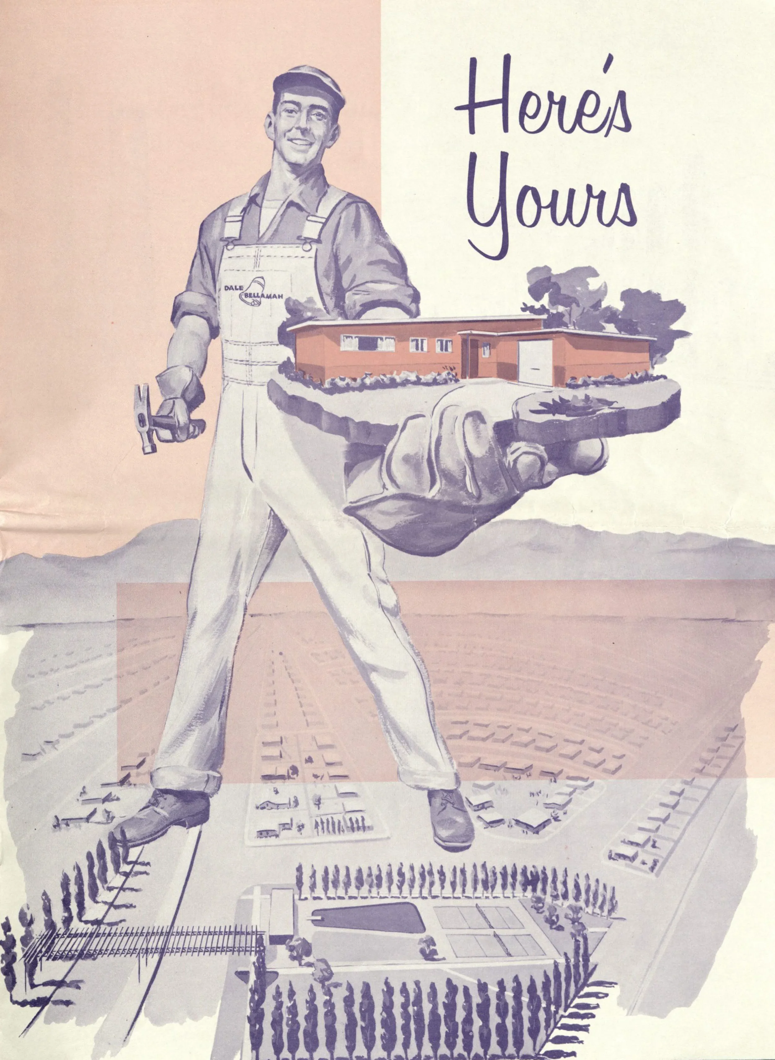 Illustration of a smiling man in work overalls holding a building model, with the text 'Here's Yours' next to him. The background shows a stylized cityscape or neighborhood layout.