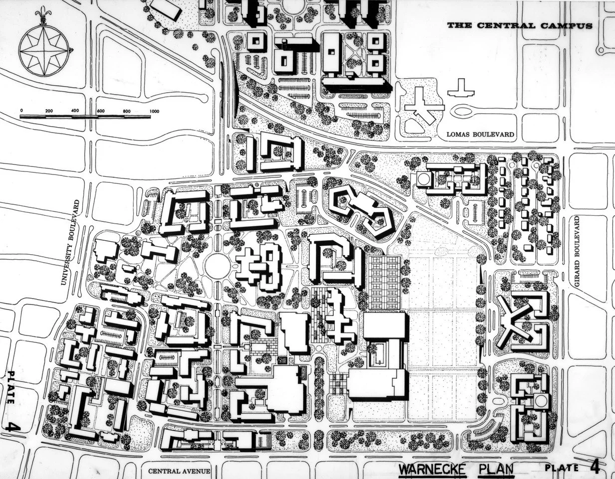 A detailed black and white map of a college campus with labeled streets, buildings, parking areas, a central sports field, and surrounding roadways.
