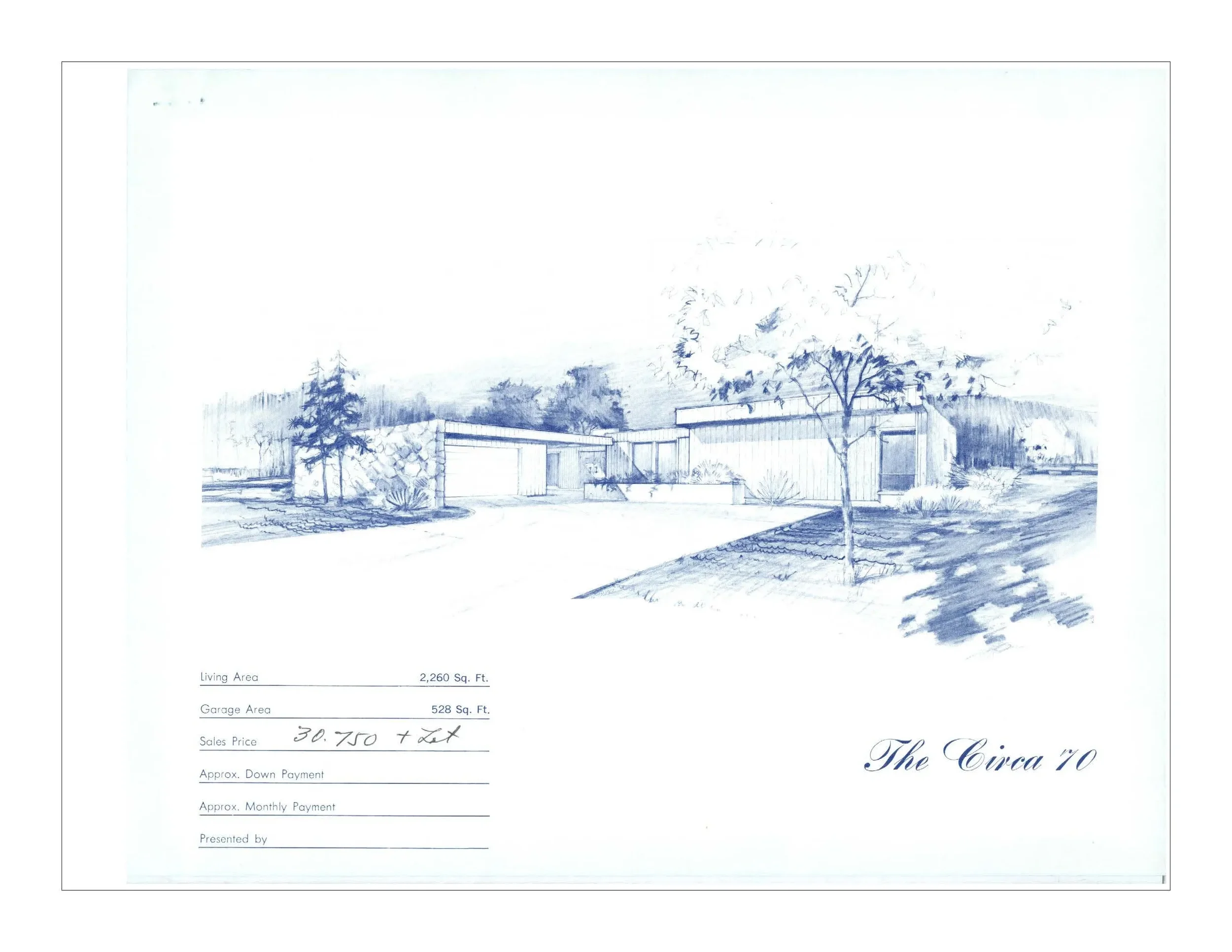 A watercolor-style drawing of a modern house with trees in the yard, under a clear sky. Includes details such as the living area, garage, and price listing at the bottom.