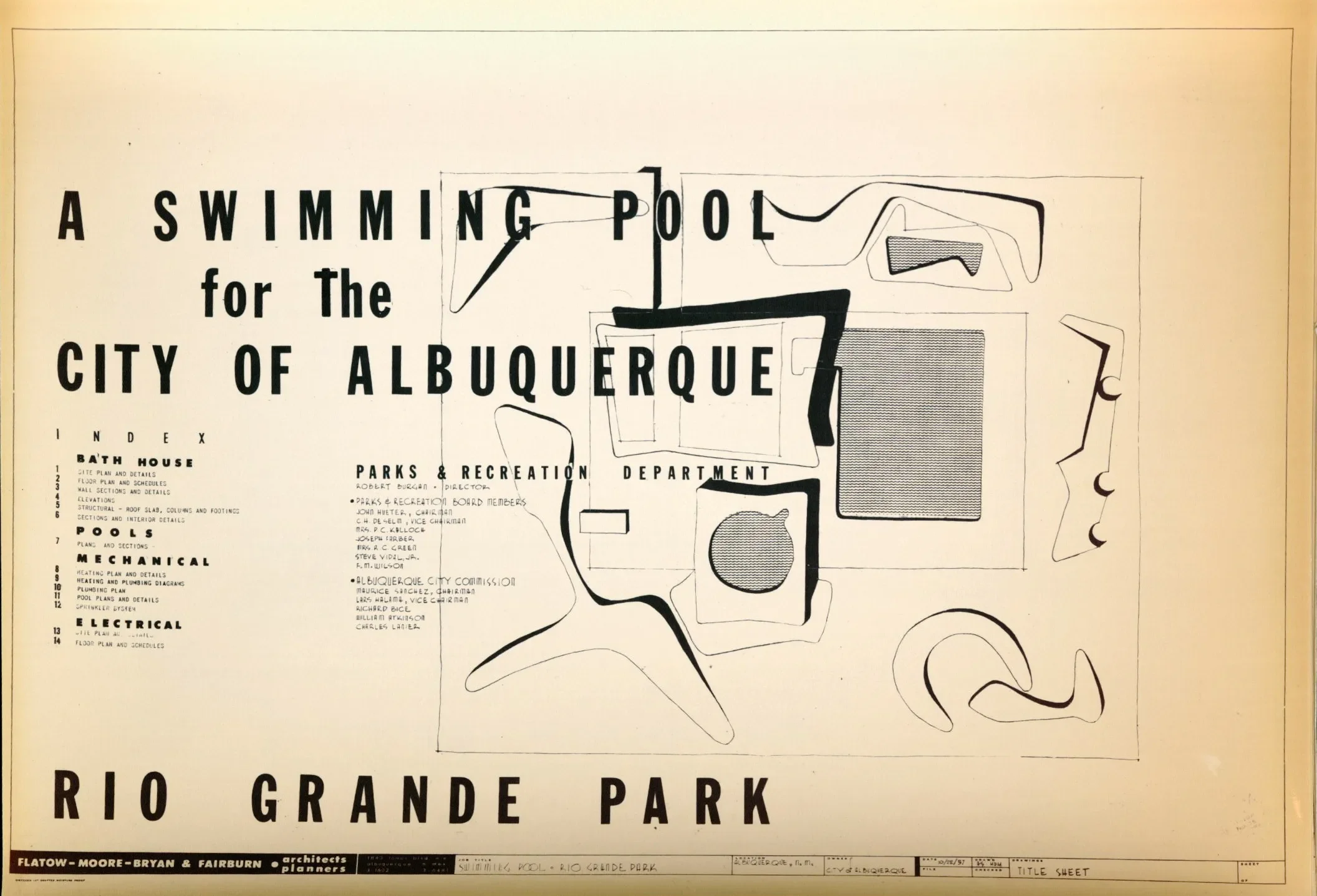 Blueprint or site plan for Rio Grande Park in Albuquerque showing layout including a swimming pool, playground, and various park features.
