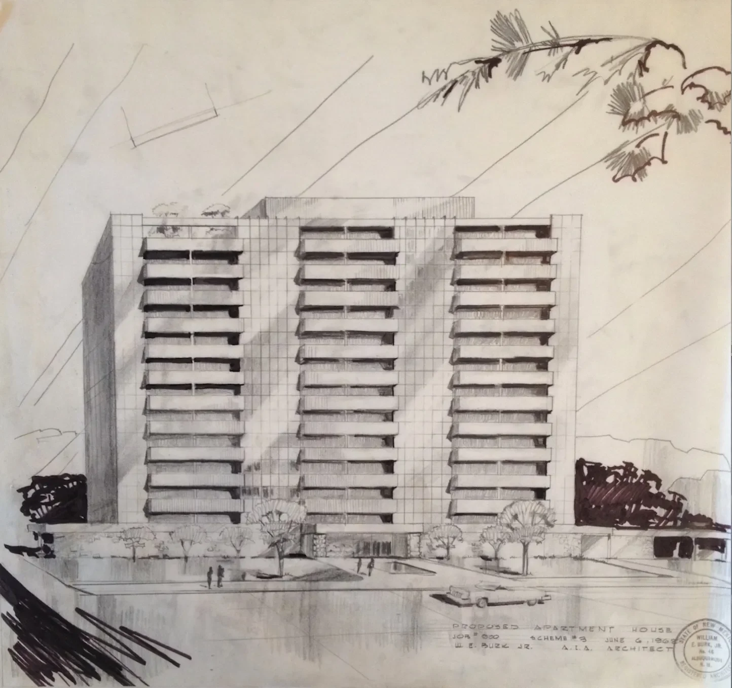 Architectural sketch of a proposed apartment building with multiple balconies, trees, cars, and a driveway in front, along with some palm trees and clouds in the sky.