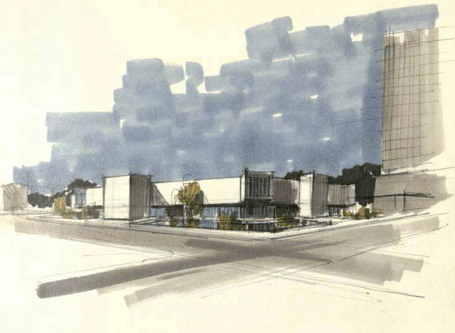 A modern architectural sketch of a building complex with multiple rectangular structures, trees, and a tall cylindrical building on the right, under a partly cloudy sky.