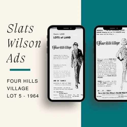 Display of vintage ads from Four Hills Village, Lot 5, 1964, with two black-and-white newspaper advertisements and a smartphone in the center showing a digital version of one ad, featuring a man in a suit and hat.