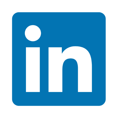 LinkedIn logo, blue square with white "in" letters