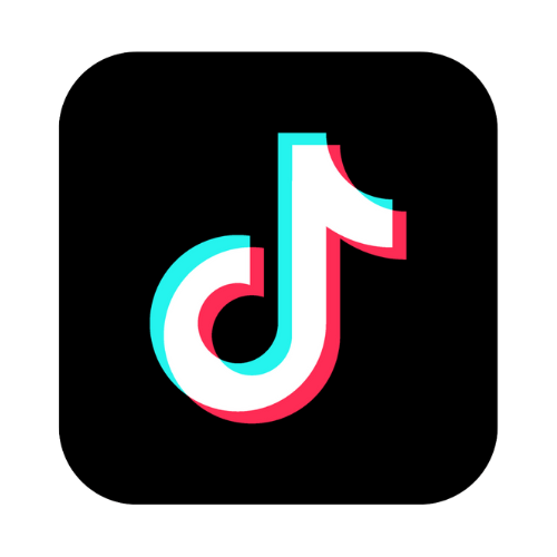 TikTok logo, black square background with a white musical note.