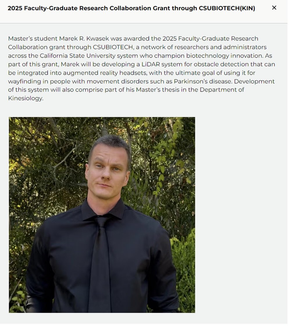 🎉 Big congratulations to Mark!
He was awarded the 2025 Faculty-Graduate Research Collaboration Grant through CSUBIOTECH to support his master&rsquo;s thesis. His work on developing a LiDAR-based AR system for obstacle detection will soon help improv