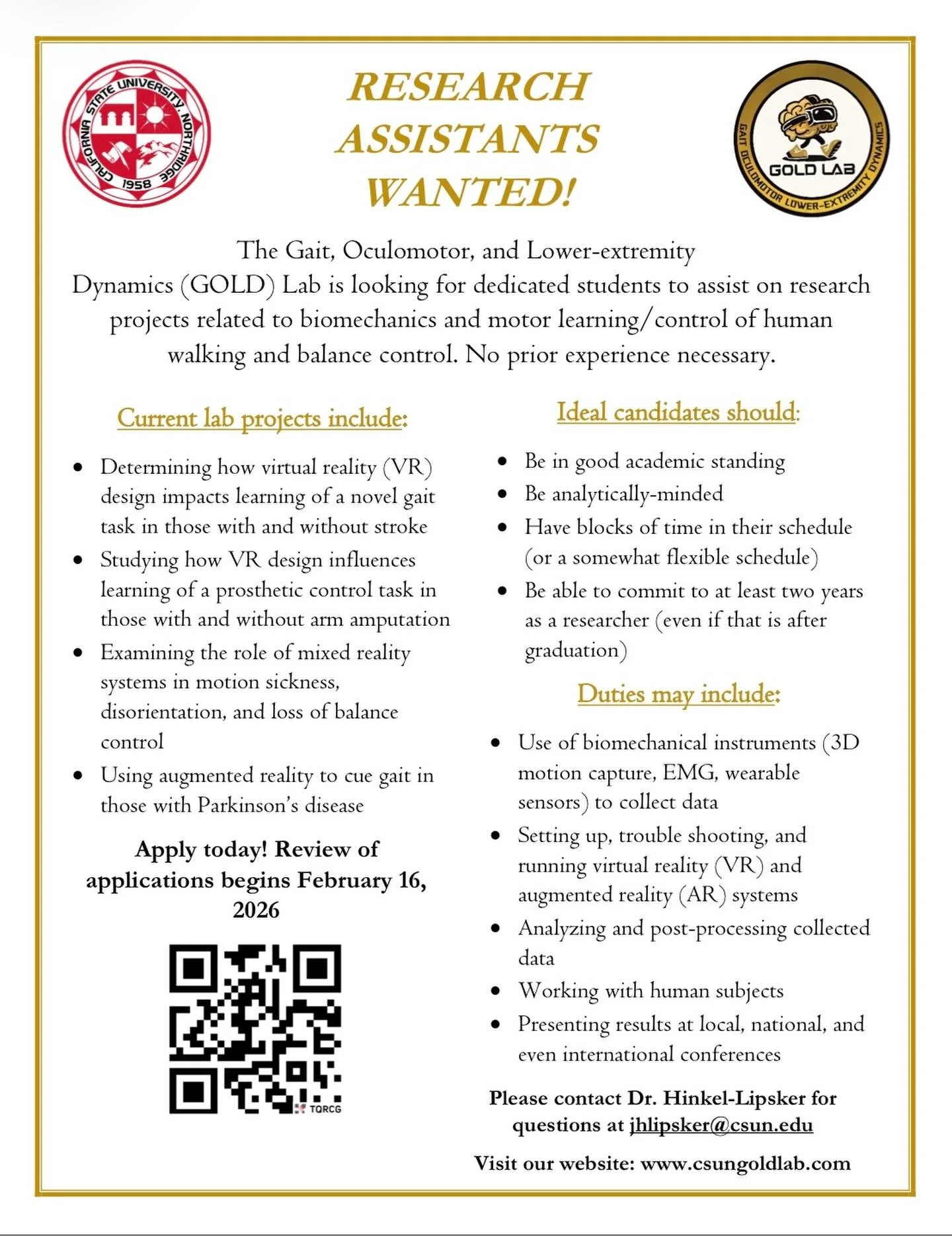 ‼️RESEARCH ASSISTANTS WANTED‼️ 

#csungoldlab #biomechanics #kinesiology #calstatenorthridge