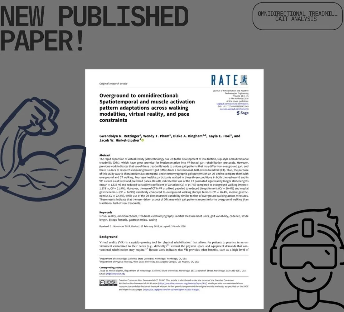 Our latest paper, &ldquo;Overground to Omnidirectional: Spatiotemporal and Muscle Activation Pattern Adaptations Across Walking Modalities, Virtual Reality, and Pace Constraints,&rdquo; is now published in the Journal of Rehabilitation and Assistive 