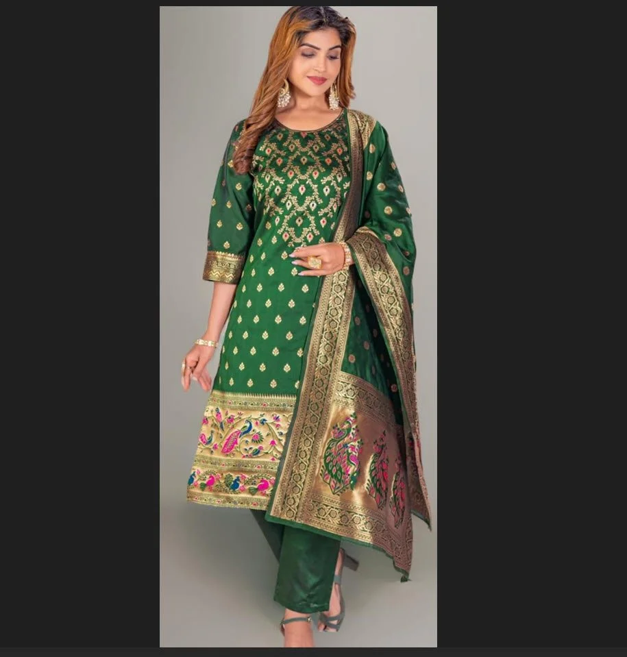 🌸 Elegant Green Paithani 3-Piece Dress for Women 🌸