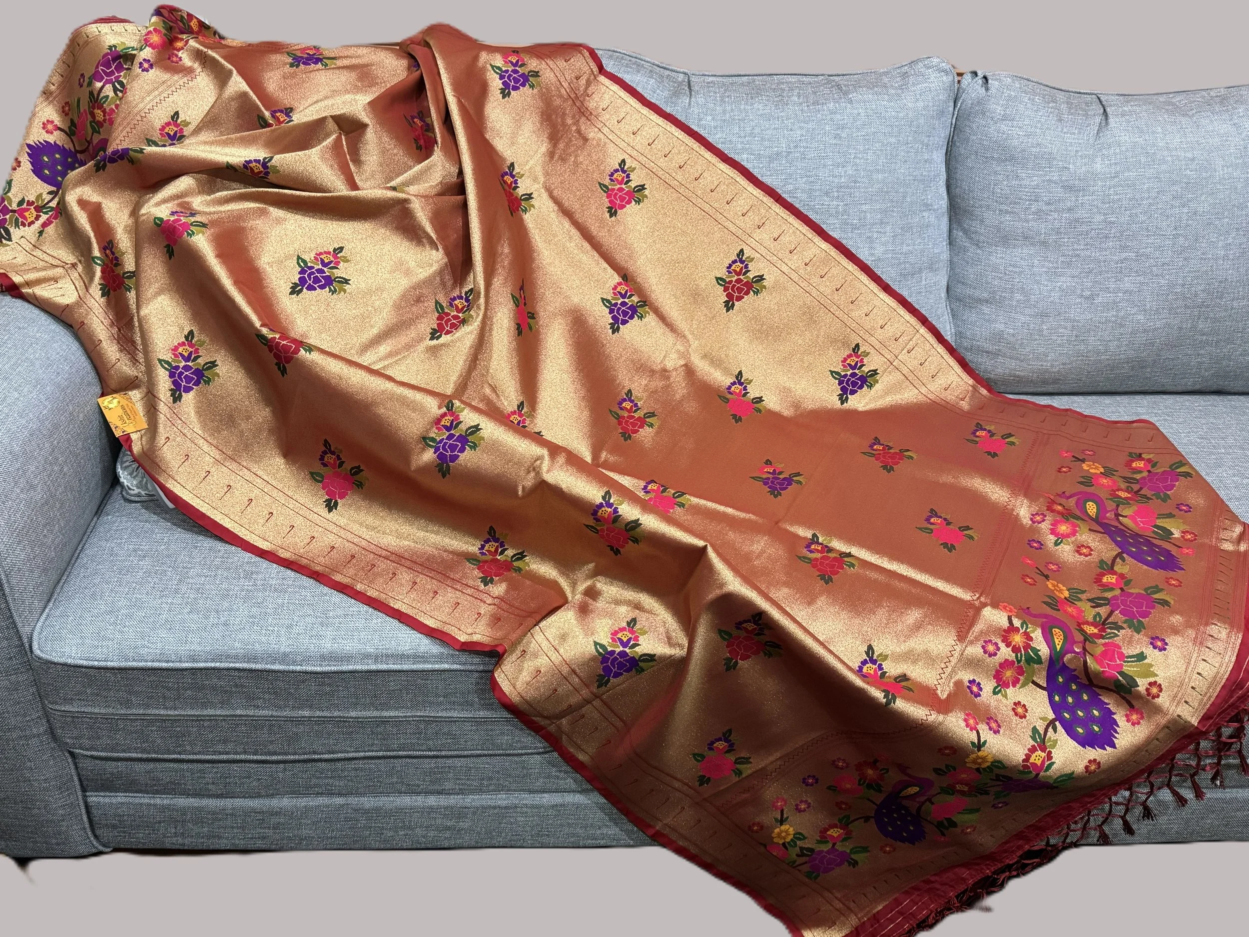 Soft Silk Paithani Dupatta – Gold Base with Peacock & Floral Border