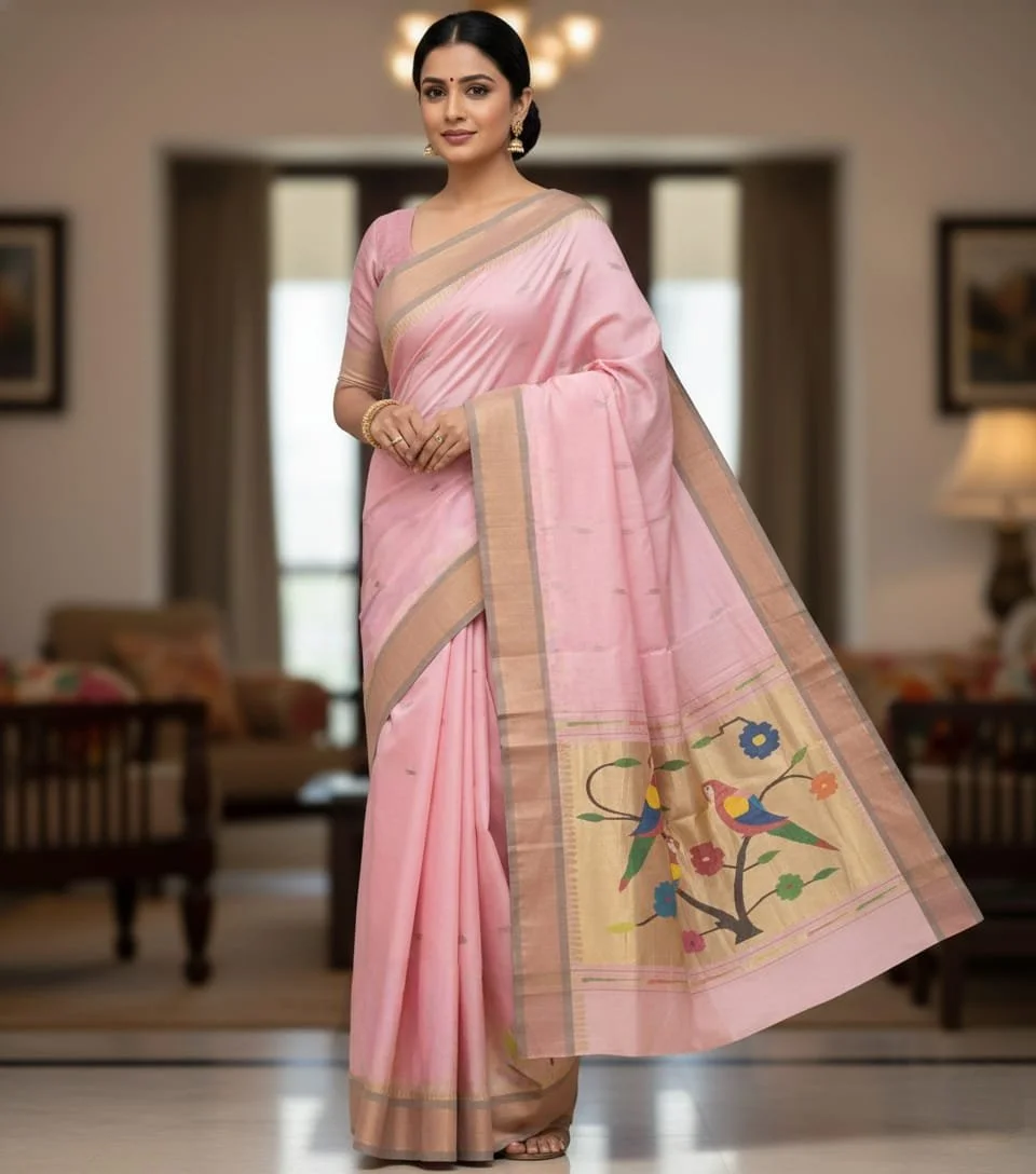 🌸✨ Elegant Pink Cotton Handloom Paithani Saree – Traditional Grace with a Modern Touch 🦚🌿