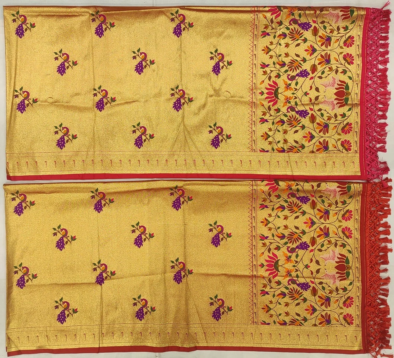 Paithani Dupatta – Elegant Gold and Pink Peacock Motifs