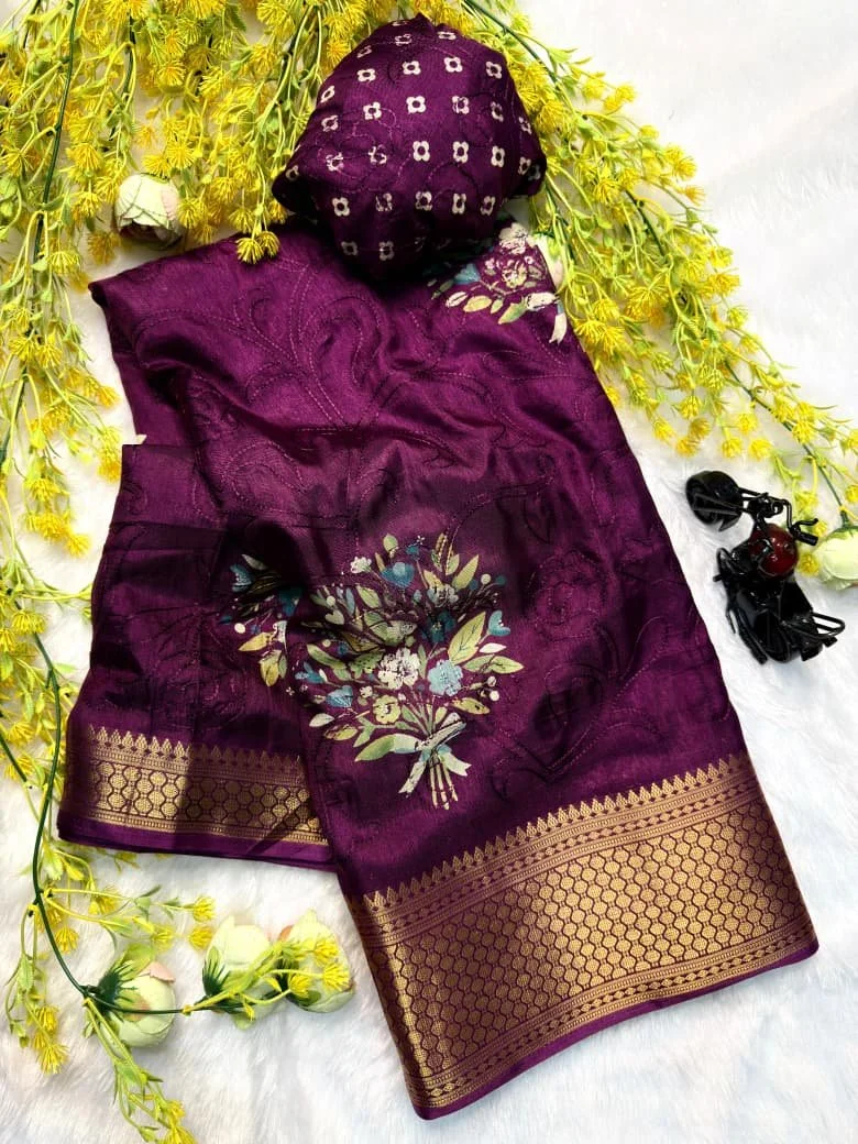 ✨Royal Plum Premium Dola Soft Silk Saree with Elegant Embroidery & Rich Pallu✨