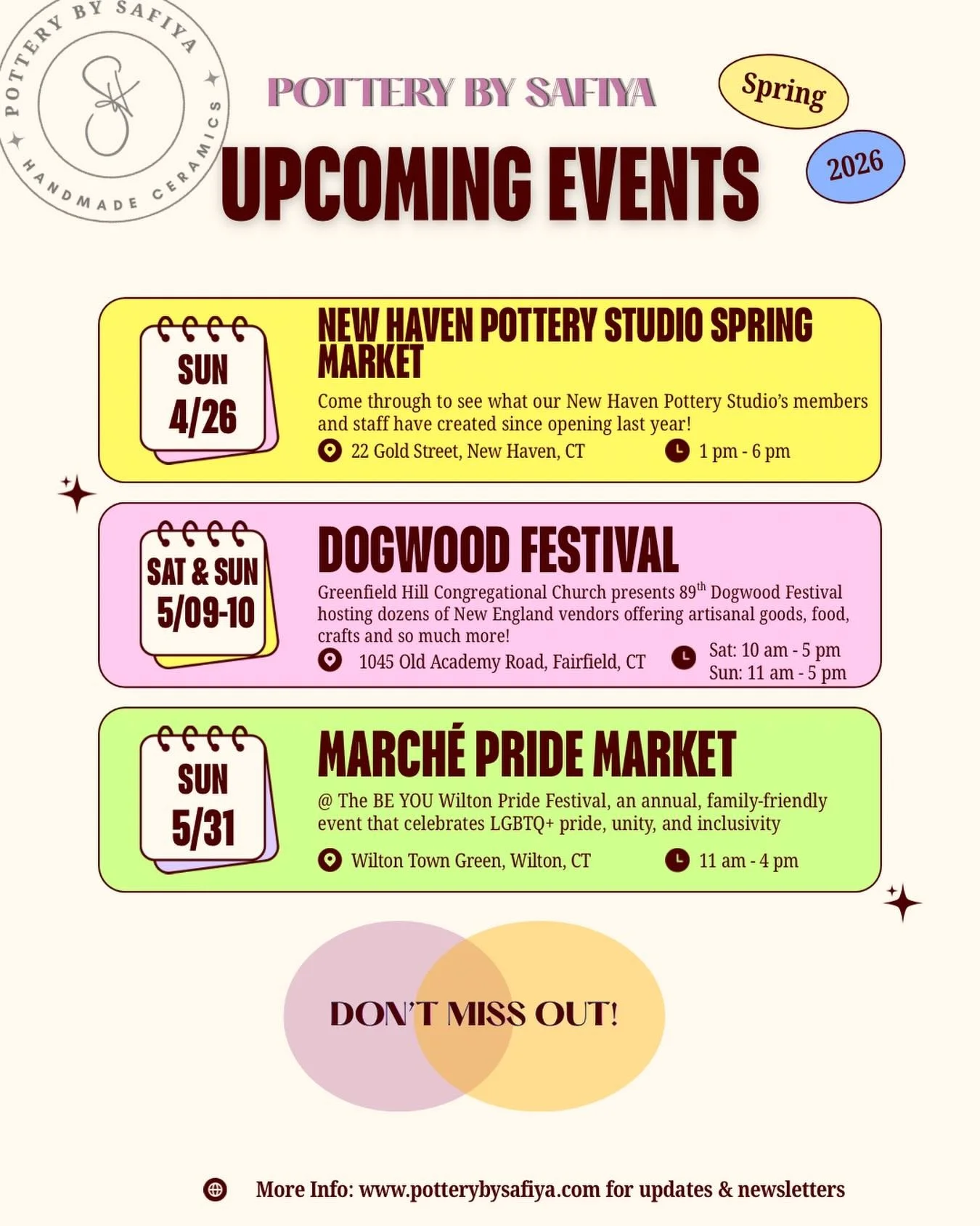 Save this post to keep track of where to find me in April + May.

I&rsquo;ll be sharing more from each market as we get closer.
See you soon 😊 

#potterybysafiya #springmarkets #ceramics #shoplocal #makersmarket