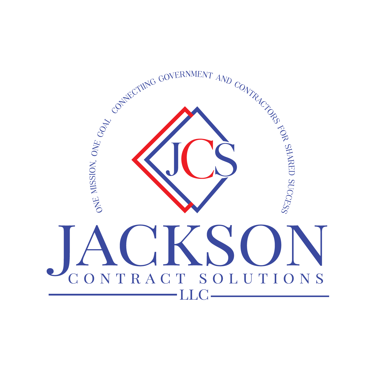 Logo for Jackson Contract Solutions LLC, featuring a blue and red diamond shape with the initials JCS in the center, and a circular tagline reading, "Connecting government and contractors for shared success. One mission, one goal."