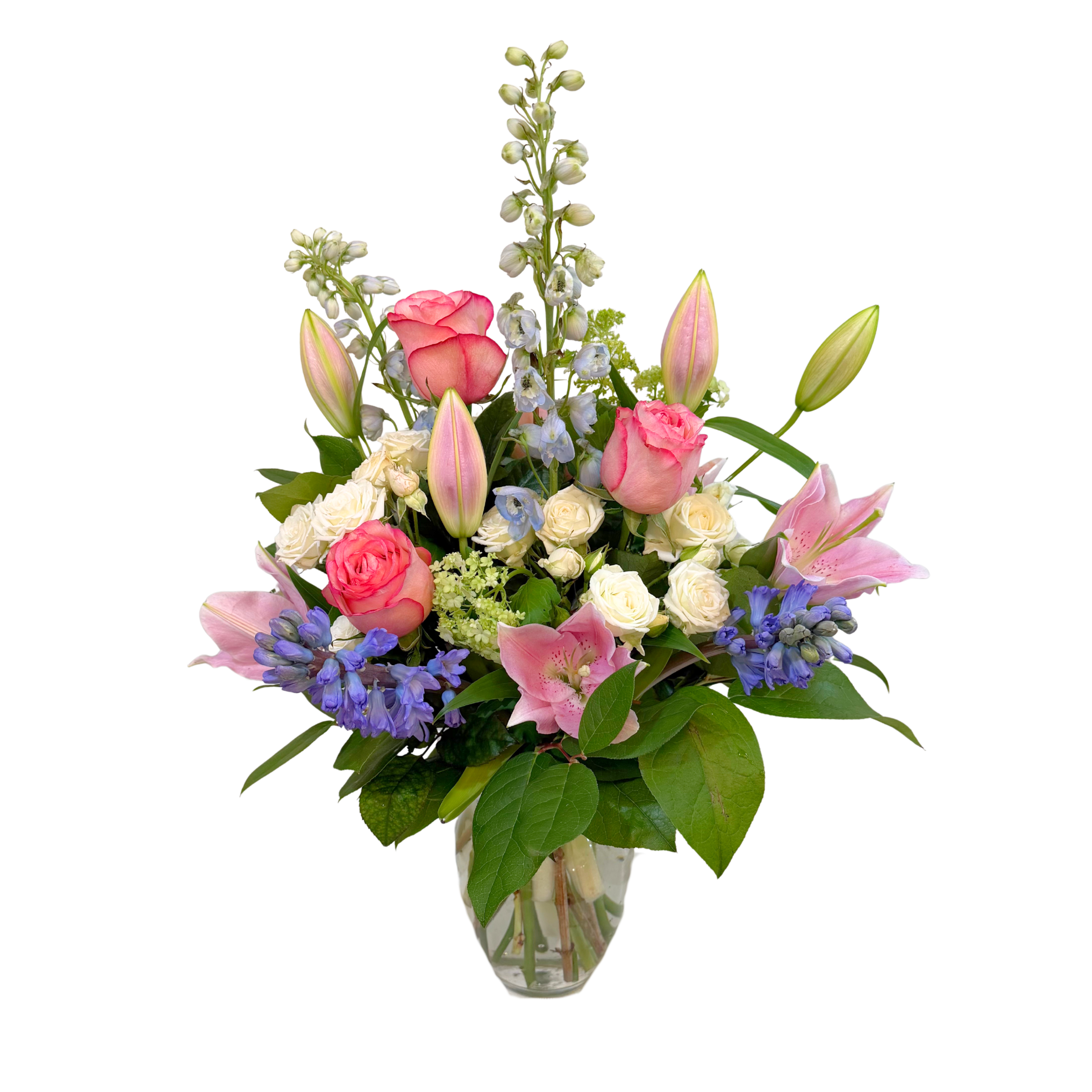 Seasonal Arrangement in Glass Vase: Medium